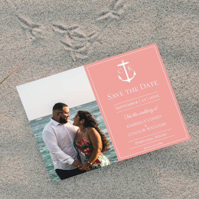 Korallblå Nautilus Monogram Foto Spara Datum Datumet (Coral Nautical Monogram Photo Save the Date)