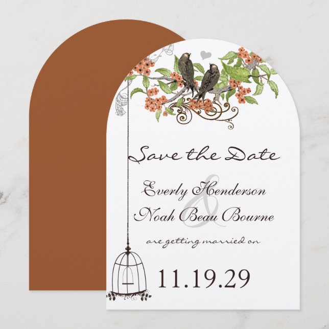 Korallblomma Gren Vintage Fåglar Spara datumet Inbjudningar (Fram/baksida)