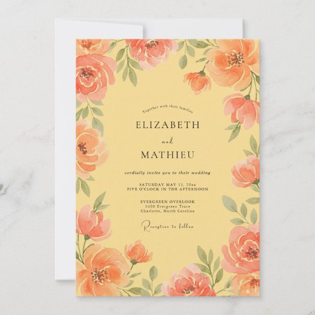 Korallblommig blomning Romantisk Bröllop Inbjudningar (Framsida)