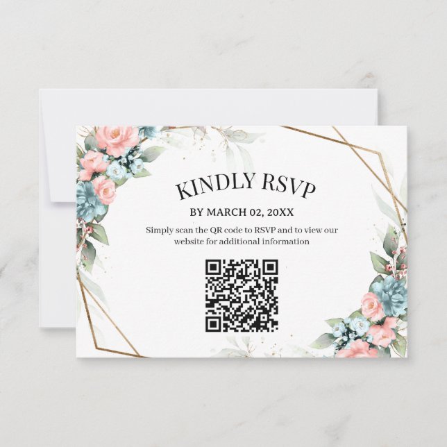 Korallblommig bröllops-RSVP-kort med QR-kod  OSA Kort (Framsida)