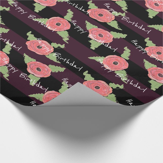 Korallblommig Grattis på födelsedagen Svart och ha Presentpapper (Hörn)