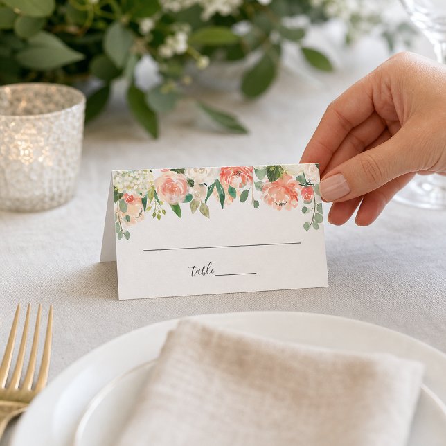 Korallfärgad Persika Crème Trädgårdsblommig Bröllo Placeringskort (Skapare uppladdad)