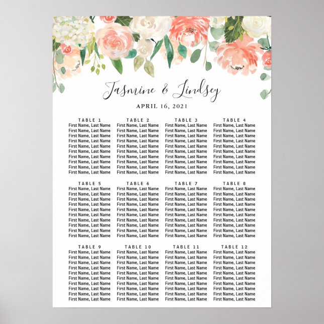 Korallfärgad Persika Vit Blommig Bröllopsställning Poster (Framsidan)