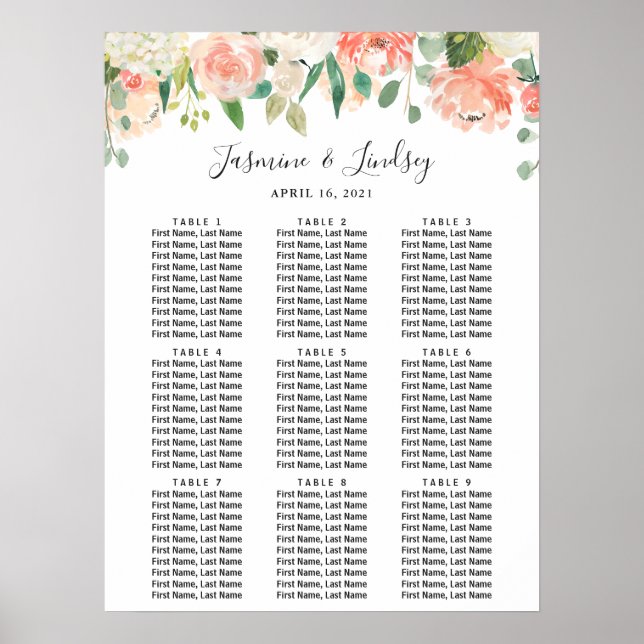 Korallfärgad persikofärgad blommig bröllopsställni poster (Framsidan)