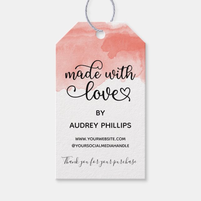 Korallfärgad vattenfärgstråd tillverkad med Märkre Presentetikett (Framsidan)