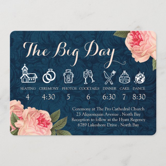 Korallfärgade pioner och marinblå bröllopstidslinj program (Framsida)