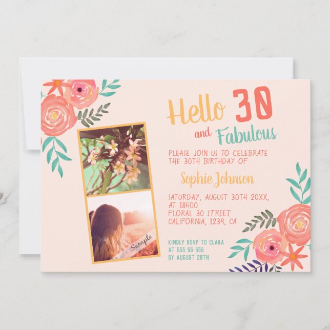 Korallfärgsvattenfärgsblomma Bouquet 30års födelse Inbjudningar (Framsida)
