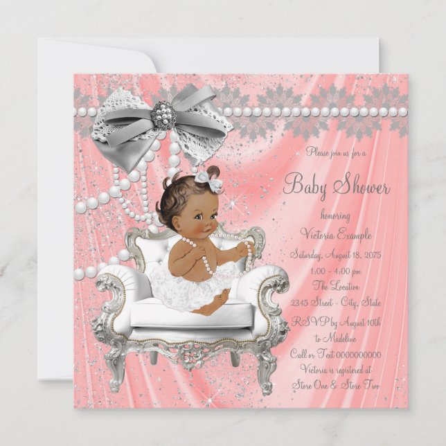 Korallgrå pärlstol Etnisk flicka Baby Shower Inbjudningar (Framsida)
