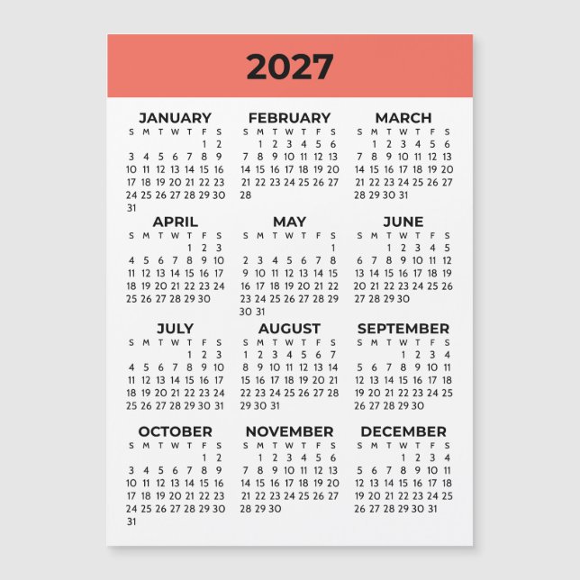 Korallorange helårsvy 2027 Magnetisk kalender (Framsida)
