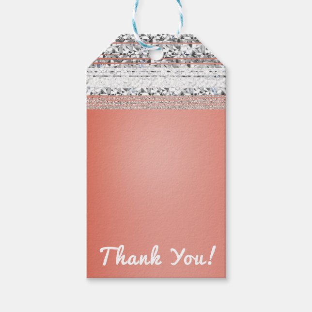 Korallpersika avbldad Chic Silver Bling Party-förm Presentetikett (Framsidan)