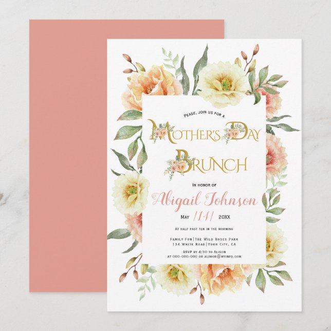 Korallpersika blommor Mors dag brunch Inbjudningar (Fram/baksida)