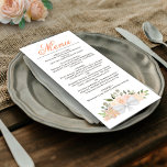 Korallpersika, vattenfärg, Blommigt Elegant bröllo Meny<br><div class="desc">Den här vackra bröllop-menyn har en rustik boho-chic med ett skript-kalligraftitel och ett kluster av handmålad vattenfärg ro, blommar och grön i skuggor av korallpersika och blek orange. Texten är helt anpassade med utrymme för parets namn & bröllop-datum på baksidan. Elegant, snyggt och chic, det här kortet är ett underbart...</div>
