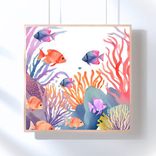 Korallrev Akvarell Färgrik Fisk Ocean Poster