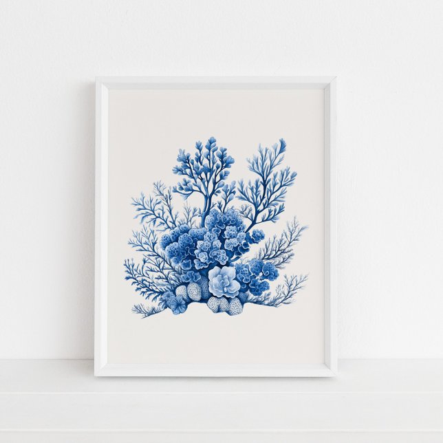 Korallrev - Kustblått på Beige Poster (Coral Reef – Coastal Blue on Beige Poster in a white frame on the floor)