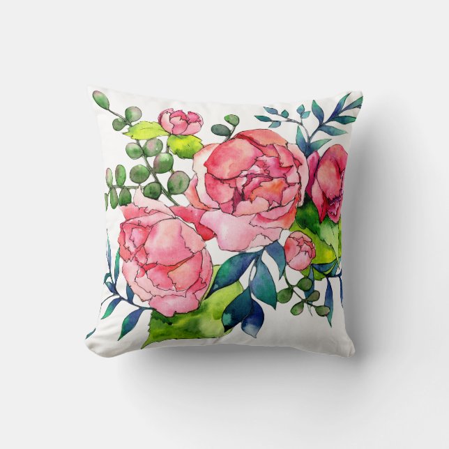 Korallröd rosa och marinfärgad peony ro kudde (Framsida)