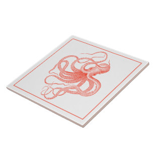 Korallröd Vintage Nautical Octopus Kakelplatta