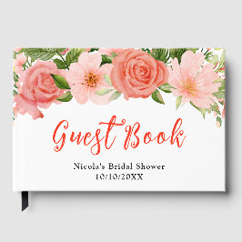 Korallröda rosor med löv Bröllopsdusch Gästböcker