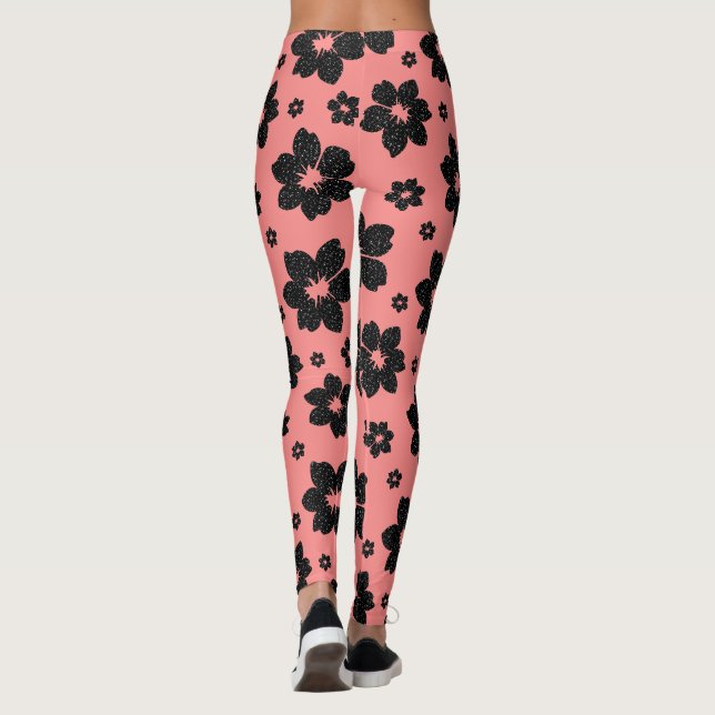 Korallrosa och svarta Blomma diamant Glitter  Leggings (Baksida)