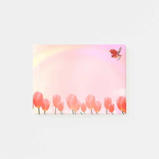 Korallrosa tulpanblommor & kardinalfågel på rosa post-it block (Framsida)