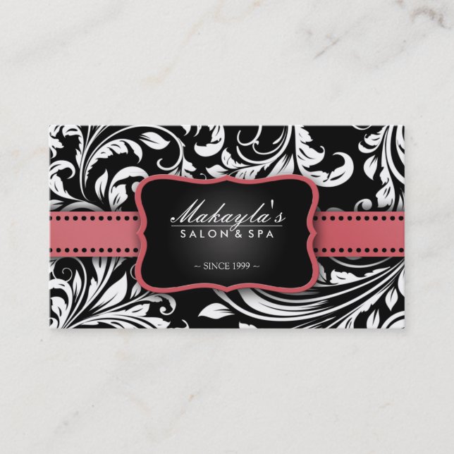 Korallrosor på svartvit blom- damastast salong visitkort (Framsida)