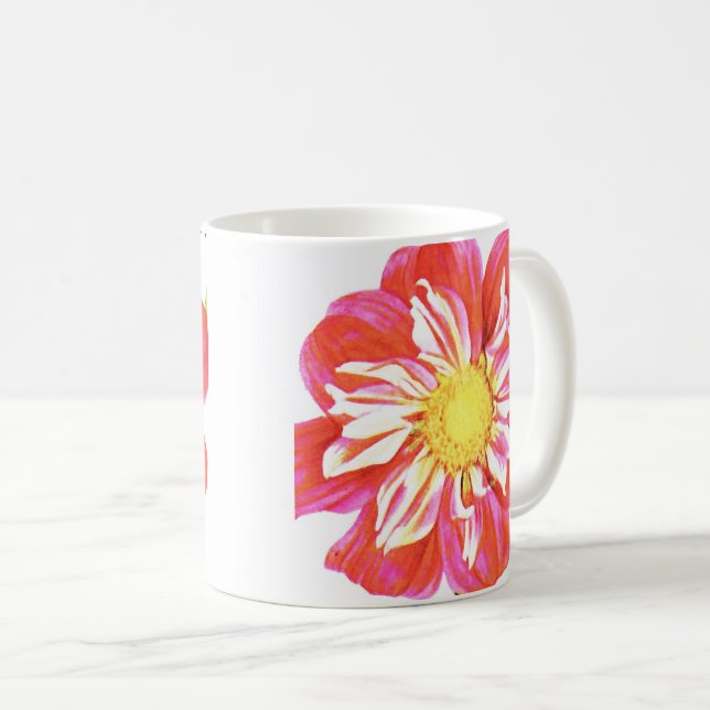 Korallrött och vitt, randigt dahlia-utskrift kaffemugg (Framsida höger)