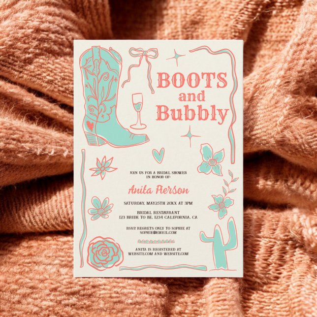 Korallskribblor stöter på bubbelspruta möhippa inbjudningar (Coral scribbles boots bubbly bridal shower invitation)