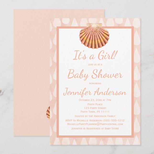 Korallsnäckskalbaby shower inbjudningar (Fram/baksida)