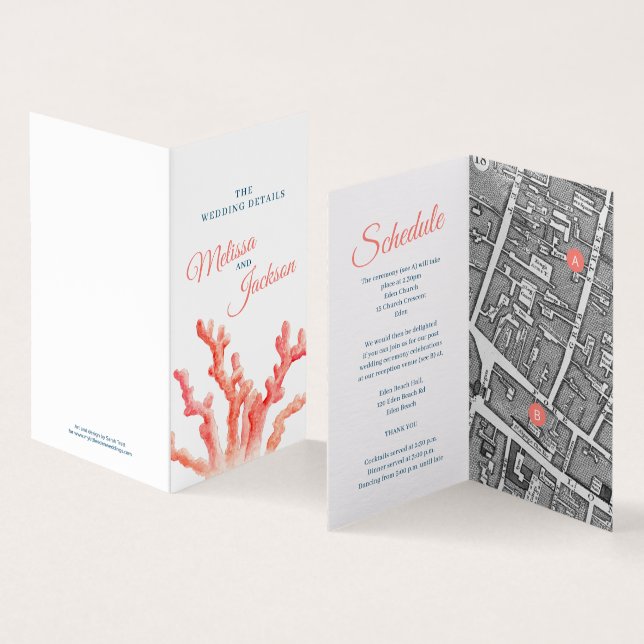 Korallvattenfärg bröllop karta och detaljkort kort (In- och utsida)