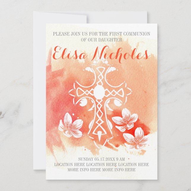 Korallvattenfärg kor blommigt Första Heligan Kommu Inbjudningar (Framsida)