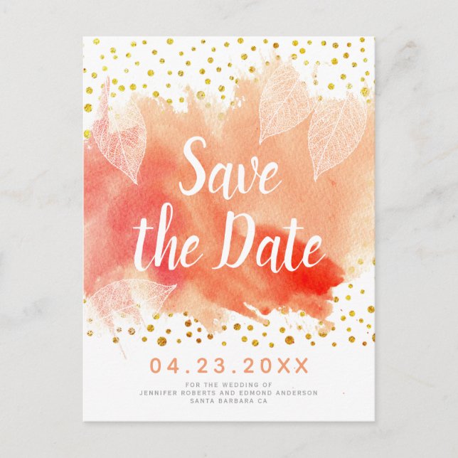 Korallvattenfärg och löv bröllop spara datum meddelande vykort (Framsida)