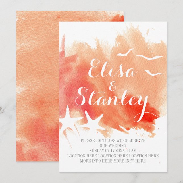 Korallvattenfärg stänk, stjärnfiskstrand bröllop inbjudningar (Fram/baksida)