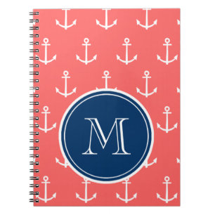 Korallvit ankrar mönster, marinblå Monogram Anteckningsbok