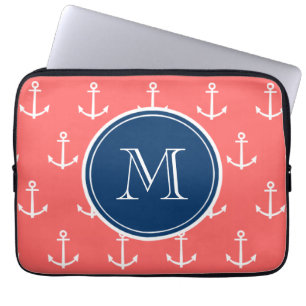 Korallvit ankrar mönster, marinblå Monogram Laptop Sleeve