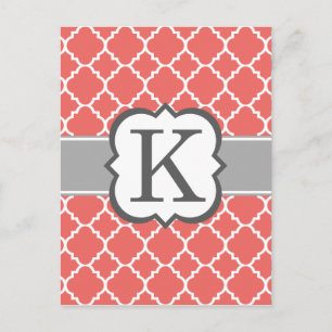 Korallvit monogram bokstav K Quatrefoil Vykort