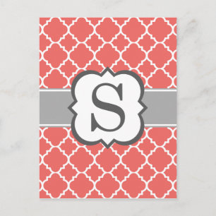 Korallvit monogram bokstav S quatrefoil Vykort