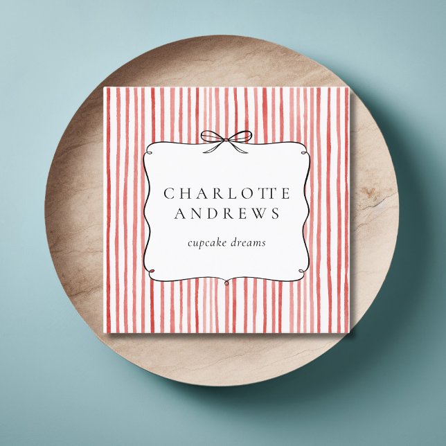 Korallvit randig vintage slinga  fyrkantigt visitkort (Coral White Stripe Vintage Bow Square Business Card)