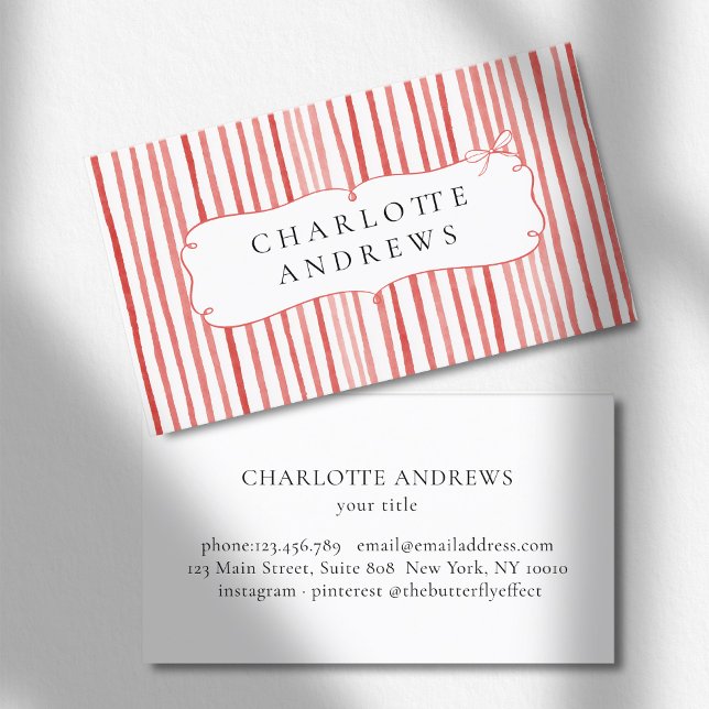 Korallvit randig vintage slinga  visitkort (Coral White Stripe Vintage Bow Business Card)