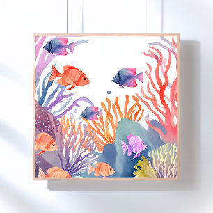 Koralrev Akvatiska Fiskar Ocean Vattenfärg Poster