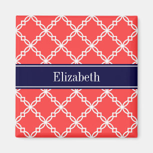 Koralröd Fancy Quatrefoil Marin Namn Monogram Magnet