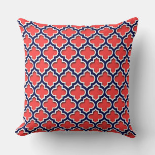 Koralröd, marin vit marockansk quatrefoil #5DS Kudde