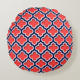 Koralröd, marin vit marockansk quatrefoil #5DS Rund Kudde