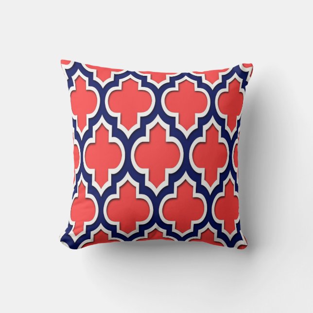 Koralröd Navy Vit Marockansk Quatrefoil #4DS Kudde (Framsida)