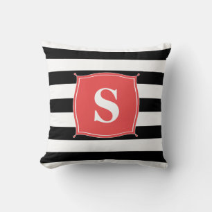 Koralröd och svart monogram-randig Kuddcover Kudde