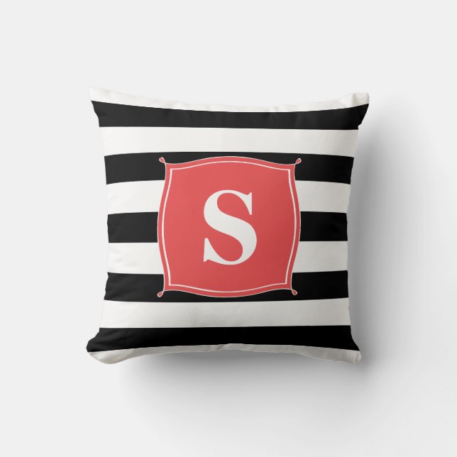 Koralröd och svart monogram-randig | Kuddcover Kudde (Framsida)