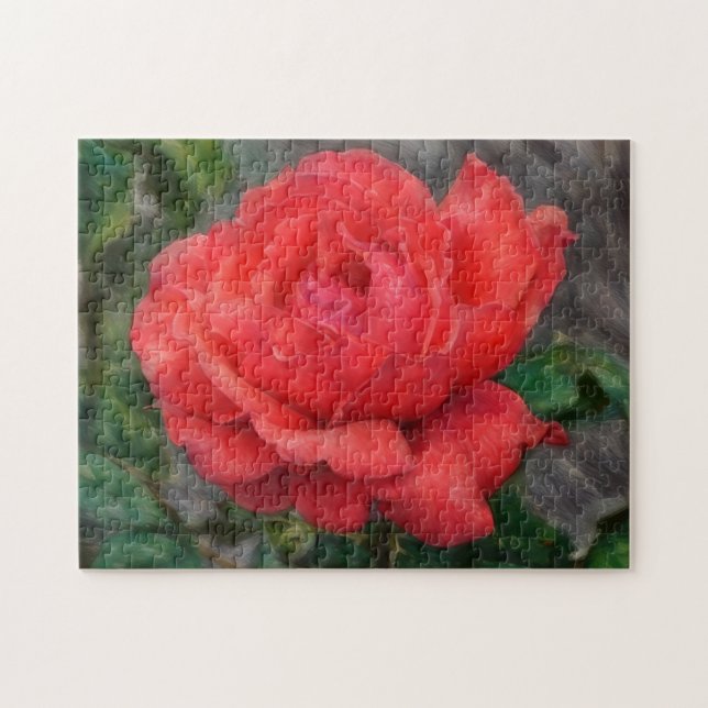 Koralröd Ros Blomma Konst Blommig Pussel (Horisontell)