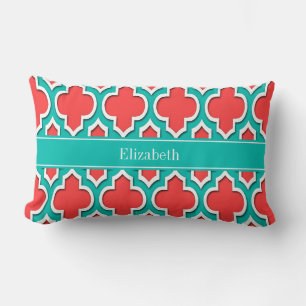 Koralröd, Teal Marockansk #4DS Teal Namn Monogram Lumbarkudde