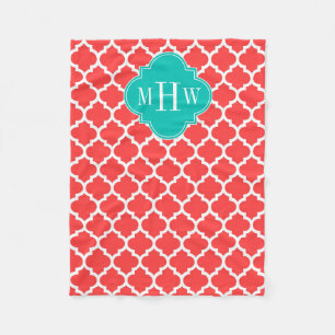 Koralröd Vit Marockansk #5 Teal 3 Initial Monogram Fleecefilt