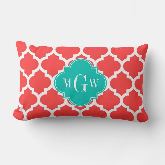 Koralröd Vit Marockansk #5 Teal 3 Initial Monogram Lumbarkudde (Framsida)