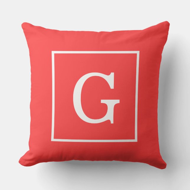 Koralröd vit ramad initialmonogram kudde (Framsida)