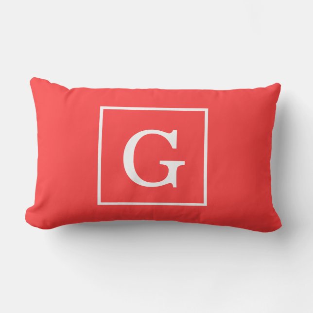 Koralröd vit ramad initialmonogram lumbarkudde (Framsida)
